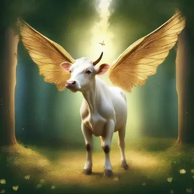 As she stood before the enchanted portal, the cow suddenly sprouted golden wings, ready to take flight into the mystical realm.