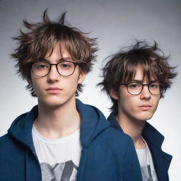 Create an anime-style image of two male twins; one with slightly messy hair looking cool and his counterpart, sporting neat hair and glasses, also emanating a cool vibe.