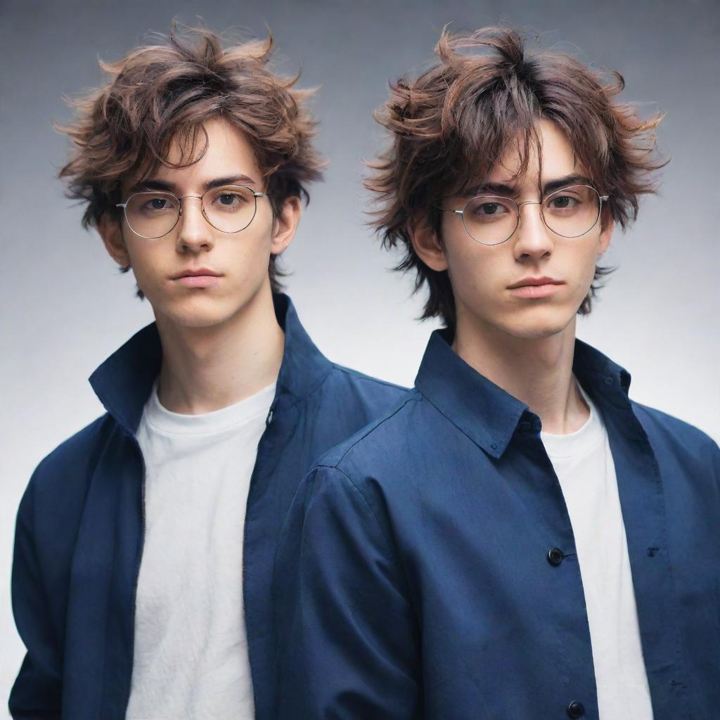 Create an anime-style image of two male twins; one with slightly messy hair looking cool and his counterpart, sporting neat hair and glasses, also emanating a cool vibe.