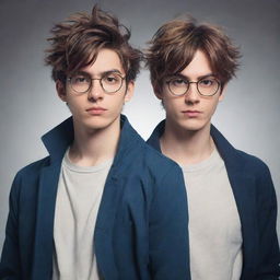 Create an anime-style image of two male twins; one with slightly messy hair looking cool and his counterpart, sporting neat hair and glasses, also emanating a cool vibe.