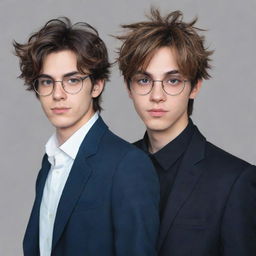 Create an anime-style image of two male twins; one with slightly messy hair looking cool and his counterpart, sporting neat hair and glasses, also emanating a cool vibe.