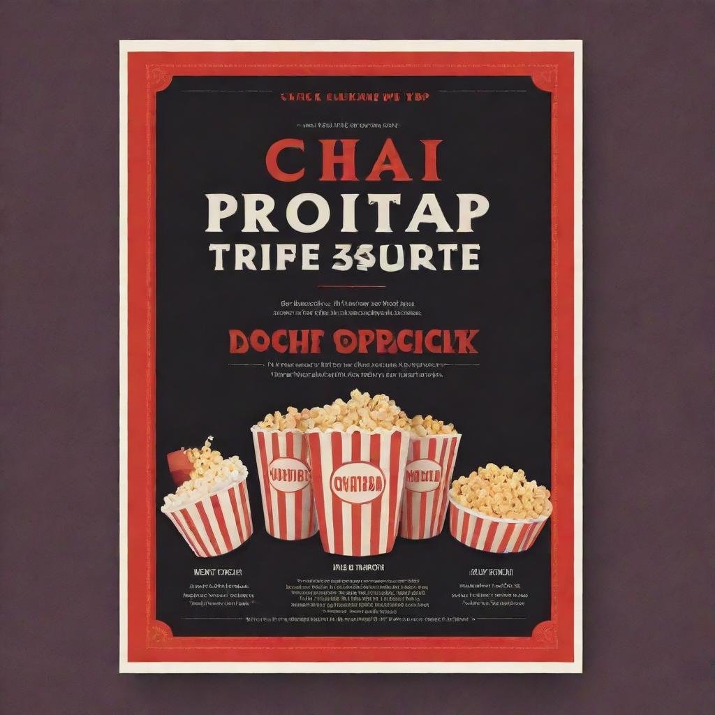 Create a vibrant flyer featuring an office space transformed into a cozy cinema, with details for a movie night. Include a large projector screen, scattered bean bags, and popcorn bowls. Use warm color tones and stylish fonts.