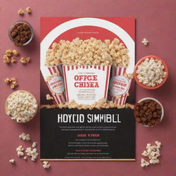 Create a vibrant flyer featuring an office space transformed into a cozy cinema, with details for a movie night. Include a large projector screen, scattered bean bags, and popcorn bowls. Use warm color tones and stylish fonts.