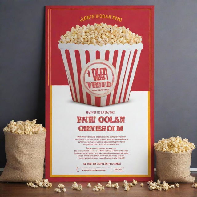 Create a vibrant flyer featuring an office space transformed into a cozy cinema, with details for a movie night. Include a large projector screen, scattered bean bags, and popcorn bowls. Use warm color tones and stylish fonts.