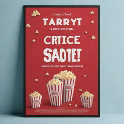 Create a vibrant flyer featuring an office space transformed into a cozy cinema, with details for a movie night. Include a large projector screen, scattered bean bags, and popcorn bowls. Use warm color tones and stylish fonts.