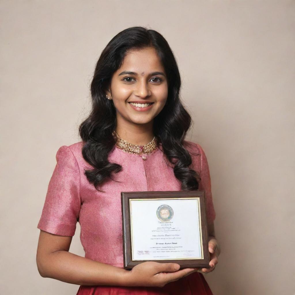 Deepthi Sunaina, dressed in formal attire, holding an award and radiating joy and pride