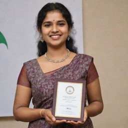 Deepthi Sunaina, dressed in formal attire, holding an award and radiating joy and pride