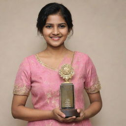 Deepthi Sunaina, dressed in formal attire, holding an award and radiating joy and pride