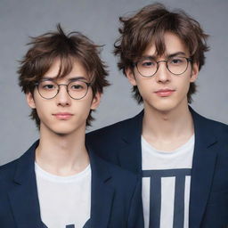 Create an anime-style image featuring two cool-looking male twins. The twin on the right has slightly messy hair and the twin on the left has neat hair with glasses.