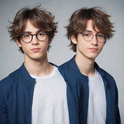 Create an anime-style image featuring two cool-looking male twins. The twin on the right has slightly messy hair and the twin on the left has neat hair with glasses.