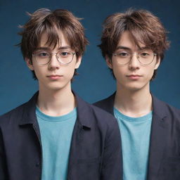 Create an anime-style image featuring two cool-looking male twins. The twin on the right has slightly messy hair and the twin on the left has neat hair with glasses.