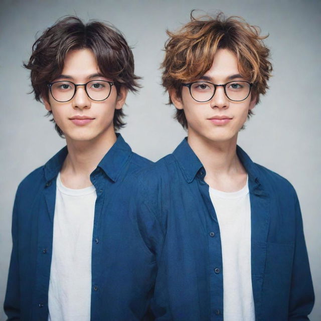 Create an anime-style image featuring two cool-looking male twins. The twin on the right has slightly messy hair and the twin on the left has neat hair with glasses.