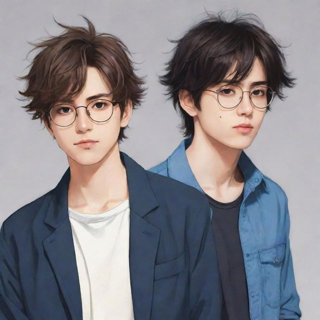 Design an anime image of two cool male twins, the right one has slightly messy hair and isn't wearing glasses, and the left one with neat hair is wearing glasses.