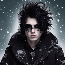 A reinvented Santa Claus with an emo style; featuring black clothing, tousled black hair, heavy eyeliner, and an air of melancholic charm against a snowy Christmas background.