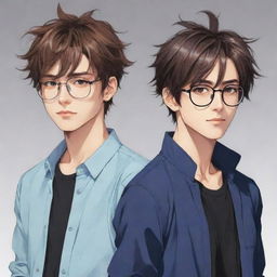 Design an anime image of two cool male twins, the right one has slightly messy hair and isn't wearing glasses, and the left one with neat hair is wearing glasses.