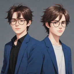 Design an anime image of two cool male twins, the right one has slightly messy hair and isn't wearing glasses, and the left one with neat hair is wearing glasses.