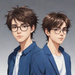 Design an anime image of two cool male twins, the right one has slightly messy hair and isn't wearing glasses, and the left one with neat hair is wearing glasses.