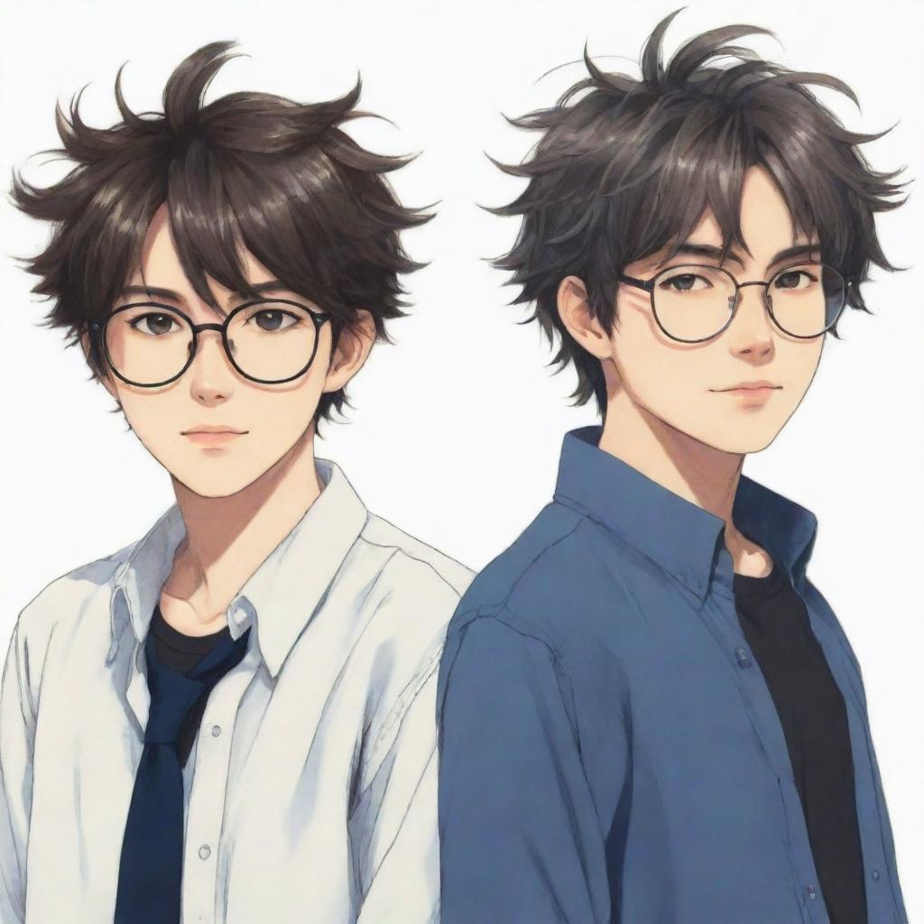 Design an anime image of two cool male twins; the one on the right has slightly messy hair with no glasses, and the one on the left has neat hair and is wearing glasses.