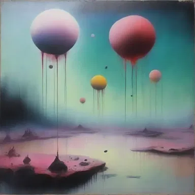 The artist's painting portrayed an eerie and unearthly landscape with floating objects and ethereal colors.