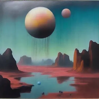 The artist's painting portrayed an eerie and unearthly landscape with floating objects and ethereal colors.