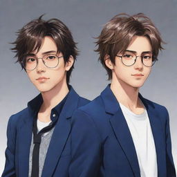 Design an anime image of two cool male twins; the one on the right has slightly messy hair with no glasses, and the one on the left has neat hair and is wearing glasses.