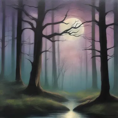 The artist captured an unearthly beauty in her painting of a mystical forest illuminated by a full moon.