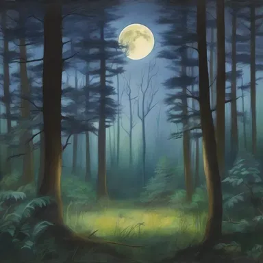 The artist captured an unearthly beauty in her painting of a mystical forest illuminated by a full moon.