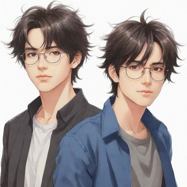 Design an anime image of two cool male twins; the one on the right has slightly messy hair with no glasses, and the one on the left has neat hair and is wearing glasses.