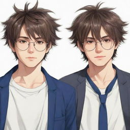 Design an anime image of two cool male twins; the one on the right has slightly messy hair with no glasses, and the one on the left has neat hair and is wearing glasses.