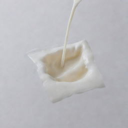 A fresh milk packet with milk slowly leaking out, creating a small puddle underneath.