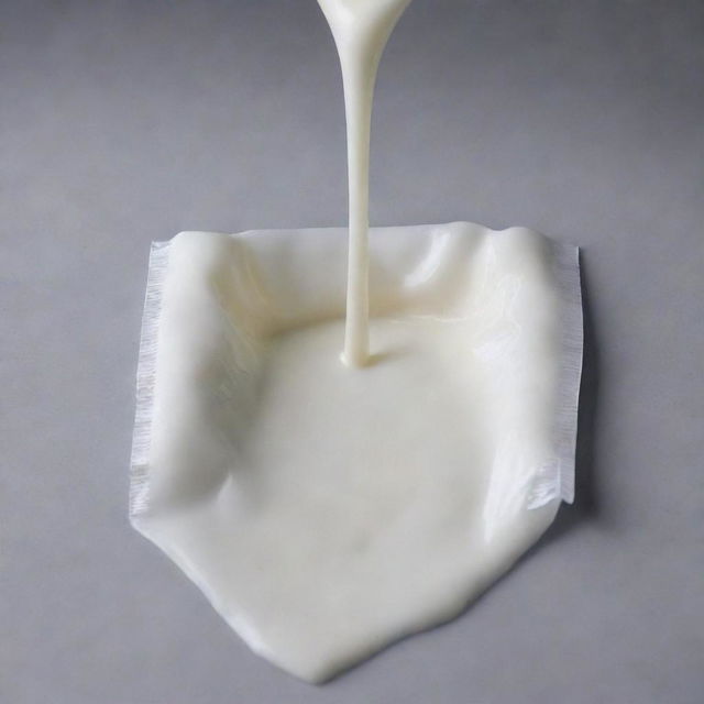 A fresh milk packet with milk slowly leaking out, creating a small puddle underneath.