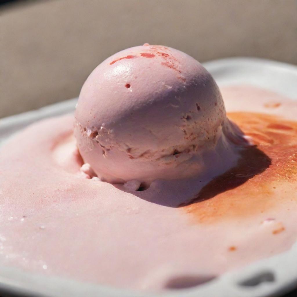 A vibrant scoop of ice cream slowly melting under the warm sunshine, with rivulets of color trickling down the side.