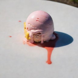 A vibrant scoop of ice cream slowly melting under the warm sunshine, with rivulets of color trickling down the side.