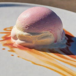 A vibrant scoop of ice cream slowly melting under the warm sunshine, with rivulets of color trickling down the side.