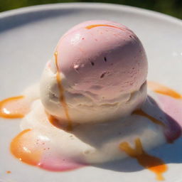 A vibrant scoop of ice cream slowly melting under the warm sunshine, with rivulets of color trickling down the side.