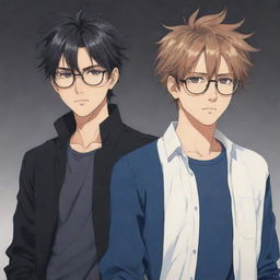 A cool anime styled image of twin male characters. One, on the right, not wearing glasses and has messy hair. The other, on the left, wearing glasses with neatly styled hair.