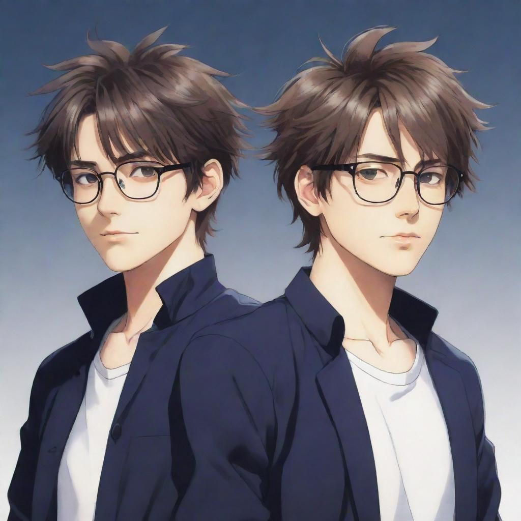 A cool anime styled image of twin male characters. One, on the right, not wearing glasses and has messy hair. The other, on the left, wearing glasses with neatly styled hair.