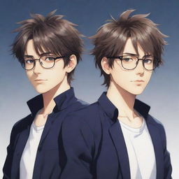 A cool anime styled image of twin male characters. One, on the right, not wearing glasses and has messy hair. The other, on the left, wearing glasses with neatly styled hair.