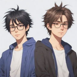 A cool anime styled image of twin male characters. One, on the right, not wearing glasses and has messy hair. The other, on the left, wearing glasses with neatly styled hair.