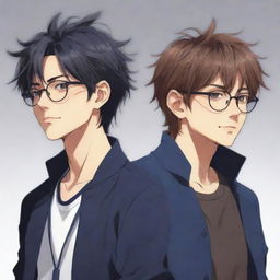 A cool anime styled image of twin male characters. One, on the right, not wearing glasses and has messy hair. The other, on the left, wearing glasses with neatly styled hair.