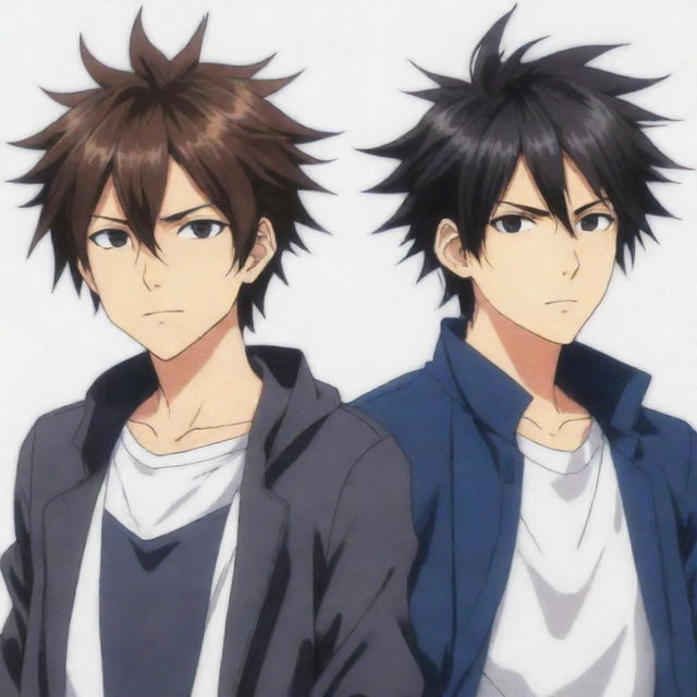 Cool anime image featuring twin male characters. One on the right with slightly messy hair, and the other on the left with neat hair.