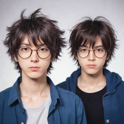 Cool anime style image of twin male characters. The right twin has slightly messy hair, while the left twin, wearing glasses, boasts neat hair.