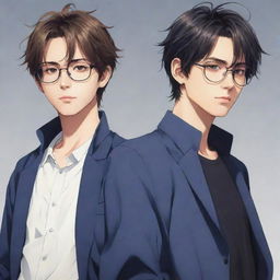 Cool anime style image of twin male characters. The right twin has slightly messy hair, while the left twin, wearing glasses, boasts neat hair.