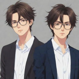 Cool anime style image of twin male characters. The right twin has slightly messy hair, while the left twin, wearing glasses, boasts neat hair.