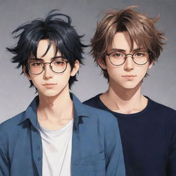 Cool anime style image of twin male characters. The right twin has slightly messy hair, while the left twin, wearing glasses, boasts neat hair.