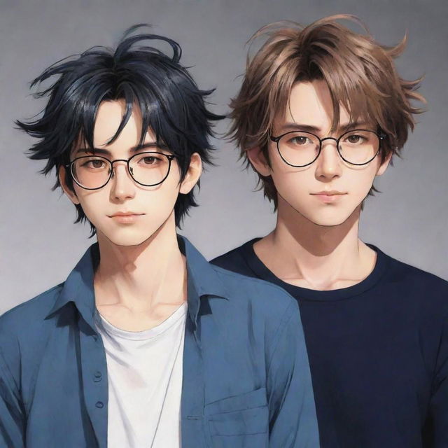 Cool anime style image of twin male characters. The right twin has slightly messy hair, while the left twin, wearing glasses, boasts neat hair.