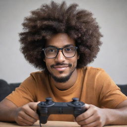 Generate an image of a man with an Afro hairstyle, wearing glasses and playing on an FC24 gaming console