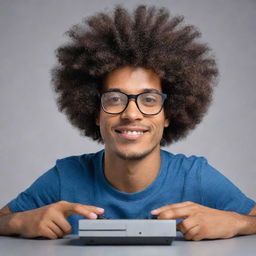 Generate an image of a man with an Afro hairstyle, wearing glasses and playing on an FC24 gaming console