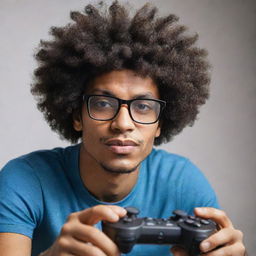 Generate an image of a man with an Afro hairstyle, wearing glasses and playing on an FC24 gaming console