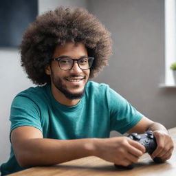 Generate an image of a man with an Afro hairstyle, wearing glasses and playing on an FC24 gaming console